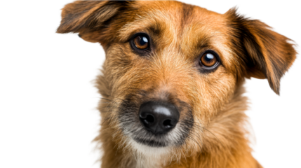 Close-up portrait of a friendly mixed-breed dog with expressive brown eyes looking directly at the camera, cut out transparent