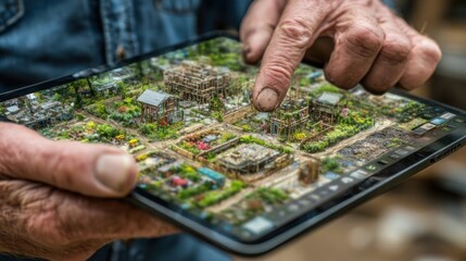 Fototapeta premium Person reviewing property plot plans on a digital tablet to evaluate and select land for construction investment - concept of real estate planning