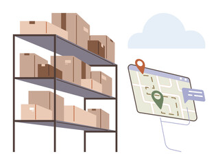 Stacked warehouse shelves filled with boxes alongside a digital map with location markers. Ideal for logistics, delivery, tracking, supply chain, inventory, e-commerce, warehouse management, simple