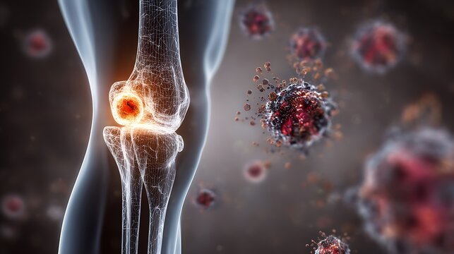  Orthopedic X-Ray View Of Femur Showing Tumor Lesion In Metaphysis Region, Overlaid Medical Labels, Side Panel Showing Microscopic Bone Marrow Cells With Visible Cancer Spread, Profes