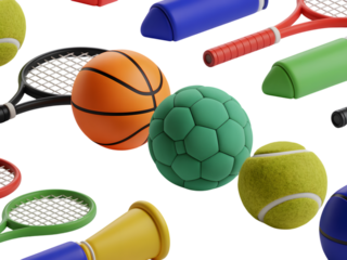 Sports equipment collection with balls and racquets isolated on a transparent background basketball