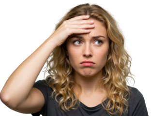 Young woman touching her forehead isolated on transparent background
