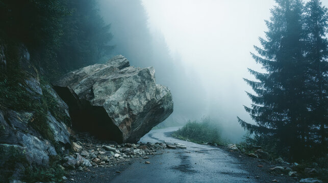 Misty forest pathway with large boulder and towering pine trees