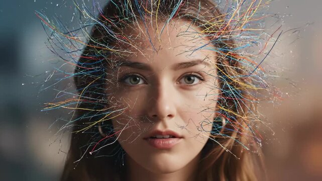 Woman with Colorful Lines Emerging from Face - Close-up portrait of a young woman with multicolored lines appearing to emanate from her face, creating a visually striking and symbolic video.