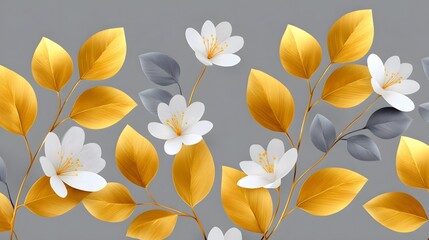 Obraz premium Repeating pattern of metallic golden leaves and silver flowers on a gray background
