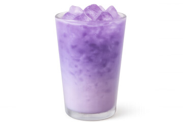 Purple ube iced latte featuring frosty ice cubes, highlighting cool summer beverage trend against transparent background