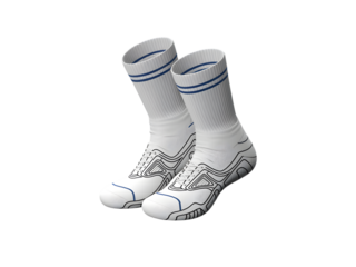 White athletic socks with blue stripes and graphic design isolated on a transparent background image