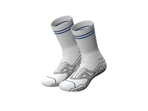 White athletic socks with blue stripes and graphic design isolated on a transparent background image
