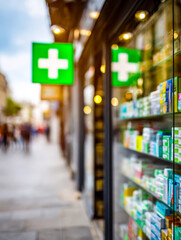 Obraz premium Pharmacy storefront with green cross signs and medication display on a busy sidewalk
