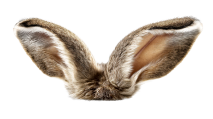 Close-up view of realistic fuzzy brown and white rabbit ears with detailed fur texture, cut out transparent