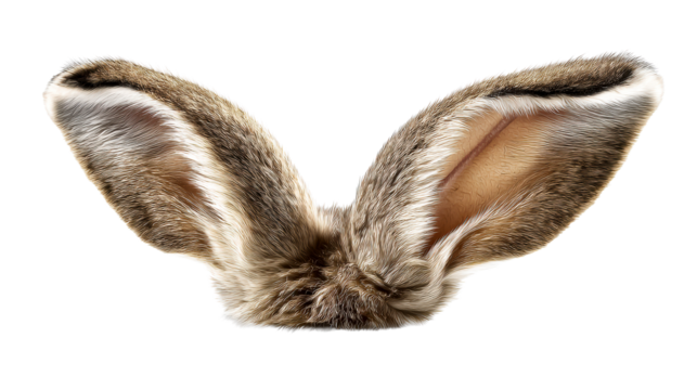 Close-up view of realistic fuzzy brown and white rabbit ears with detailed fur texture, cut out transparent