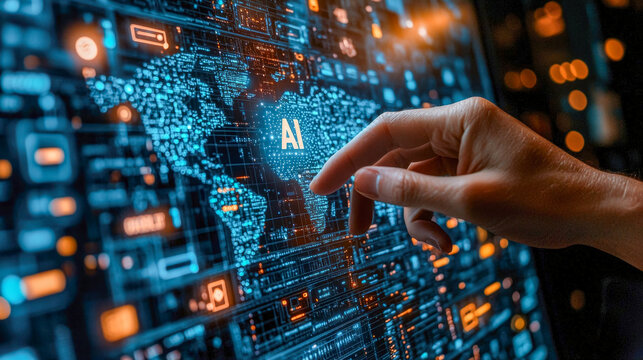 Human hand interacting with a digital ai interface on a futuristic screen