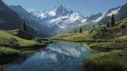 Fototapeta premium Snow-capped Mountain Range with Green Valley and Reflective Lake in Natural Landscape