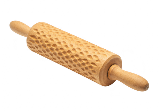 Wooden rolling pin with carved texture isolated on transparent background