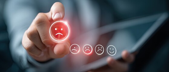 Hand selecting a negative feedback smiley face on a tablet