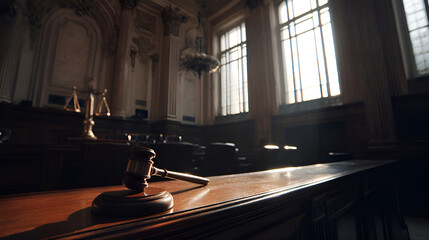 Gavel resting on judge's bench in empty courtroom with sunlight streaming through windows