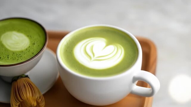 Aromatic zen matcha latte art preparation, slow motion delight with healthy organic beverage in