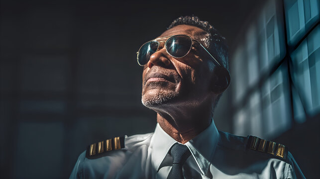 Airline pilot wearing sunglasses and looking up in cockpit