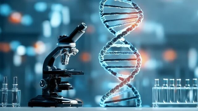 Photo of a microscope and DNA double helix in the laboratory, with blue lighting for a DNA Instagram post background.