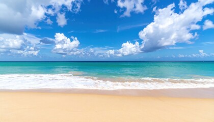 Fototapeta premium Panoramic View of Pristine Beach with Golden Sand and Turquoise Ocean Under Blue Sky