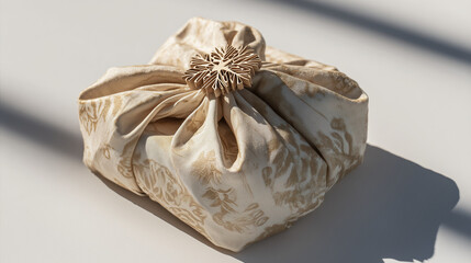Decorative fabric-wrapped gift box with floral pattern on table  