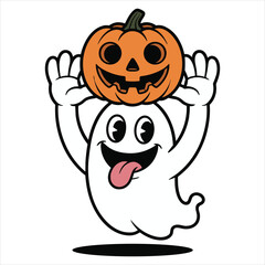 Cute Cartoon Ghost Holding Pumpkin Jack O’Lantern Halloween Illustration