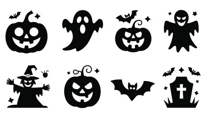 Halloween Silhouette Icons. Ghosts, Pumpkins, Bats, Witch, and Gravestone