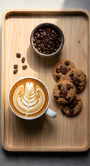 Fototapeta premium Latte art with chocolate chip cookies and coffee beans on a wooden tray