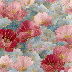 Japanese floral wave pattern with watercolor pastel fill and gold foil outlines