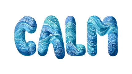 A doodle typography illustration of the word "CALM", with letters that are smooth, flowing, and filled with gentle, wavy water lines, isolated on a Transparent Background