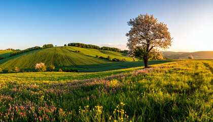 Obraz premium Blooming Cherry Tree in a Lush Green Rolling Hill Landscape During Golden Hour