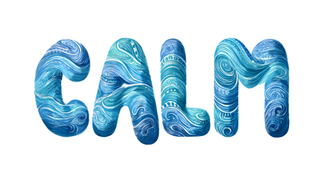 A doodle typography illustration of the word "CALM", with letters that are smooth, flowing, and filled with gentle, wavy water lines, isolated on a Transparent Background - Powered by Adobe