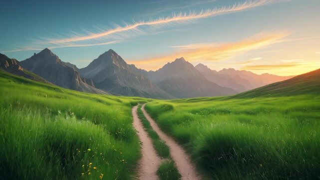 video of A twisting dirt trail crosses a lush green field, leading toward faraway mountains under a sunset sky.