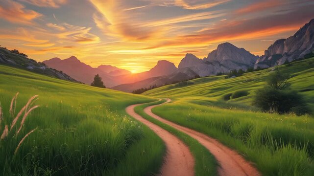 video of A twisting dirt trail crosses a lush green field, leading toward faraway mountains under a sunset sky.