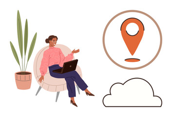 Woman seated with laptop, conversing in casual setting with location and cloud icons. Ideal for remote work, digital nomad, online communication, location services, workspace productivity, cloud