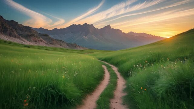 video of A twisting dirt trail crosses a lush green field, leading toward faraway mountains under a sunset sky.
