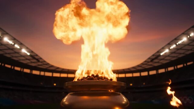 Olympic Flame Lighting Ceremony at Sunset - A hand ignites the Olympic flame in a stadium cauldron during a vibrant sunset.