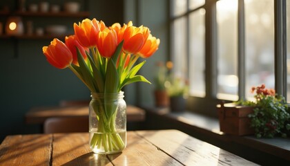 Bouquet of Orange Tulips in Glass Jar on Wooden Table