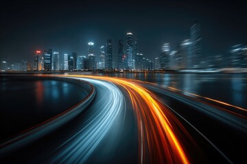 Obraz premium Night city highway, blurred motion, urban lights, curves