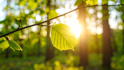 Obraz premium Sunlit Leaf in Spring Forest Nature's Golden Hour