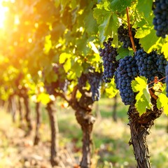 Fototapeta premium Sunlit vineyard rows with ripe, dark grapes hanging from vines