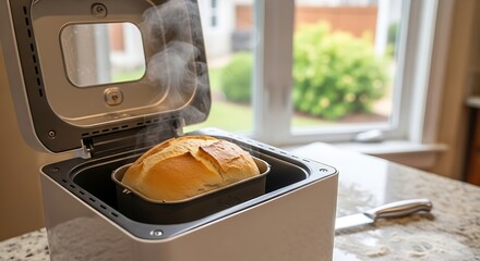 Freshly baked loaf emitting steam inside an open bread maker on kitchen counter