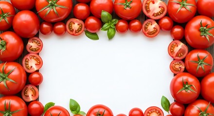Fresh tomatoes and basil frame a white space perfect for culinary messages