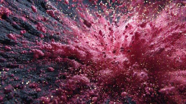 Explosive burst of pink and gold dust on dark surface