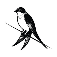 Elegant line art illustration of a barn swallow bird gracefully perched on a thin wire against a clean white background