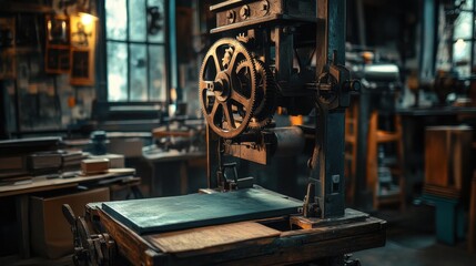 Fototapeta premium Antique printing press showcasing intricate mechanics in workshop