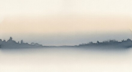 Abstract watercolor landscape with a pale peach sky and misty blue horizon