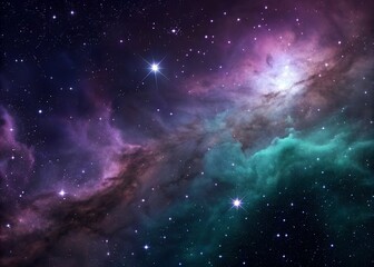 Beautiful cosmic scene with radiant purple nebula, black night sky, infinite shining stars, and galaxy blaze patterns creating a stunning astronomy-inspired space illustration with glowing light detai
