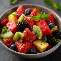 Obraz premium Bowl Watermelon With Kiwi Midjourney Fresh Pineapple Salad Fruit