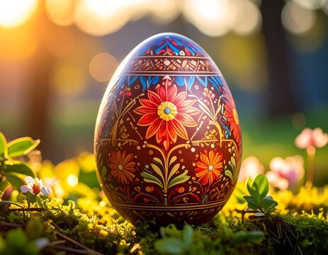 Ornate Easter egg in vibrant colors rests on mossy ground, backlit by warm sunset